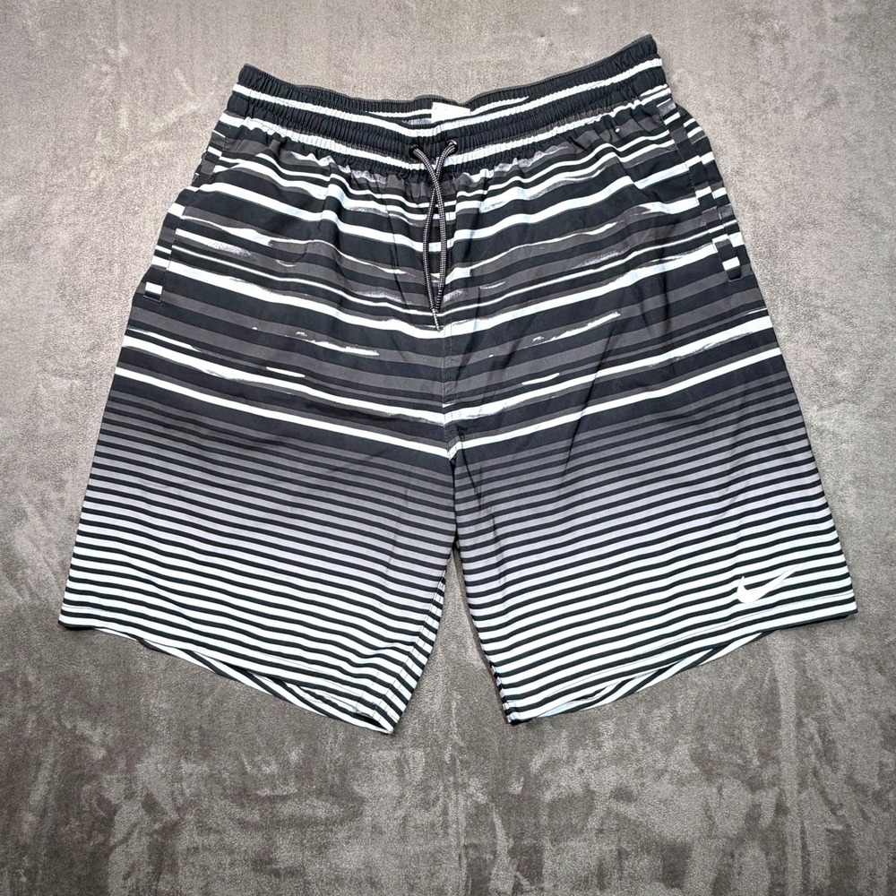 Nike Swim Trunks Mens L Black White Striped Ombre Board Shorts Bermuda